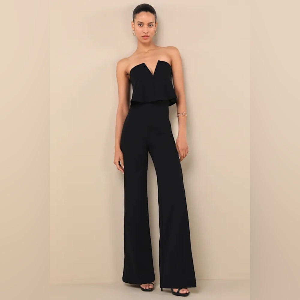 Lulu's Power of Love Black Strapless Jumpsuit